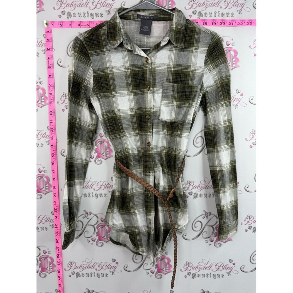 Suzy Shier button up Olive Green and White Plaid Button Shirt with Braided Belt